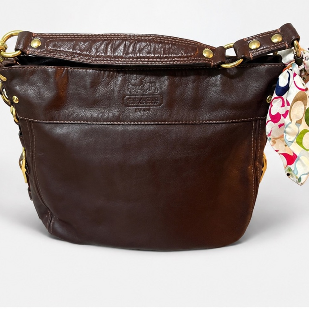 Coach Dark Brown Leather Shoulder Bag with Multicolor Scarf